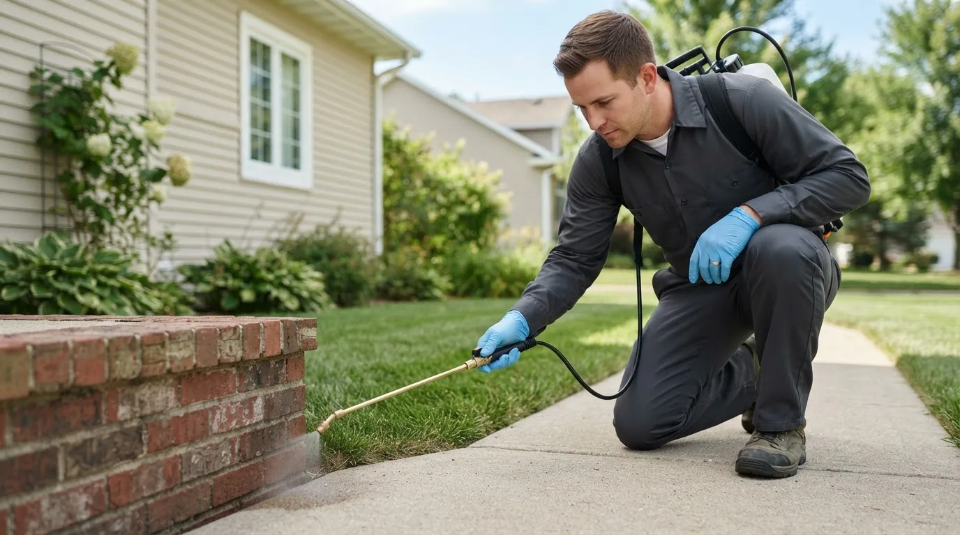 Pest control technician treating a home near Fowler, OH