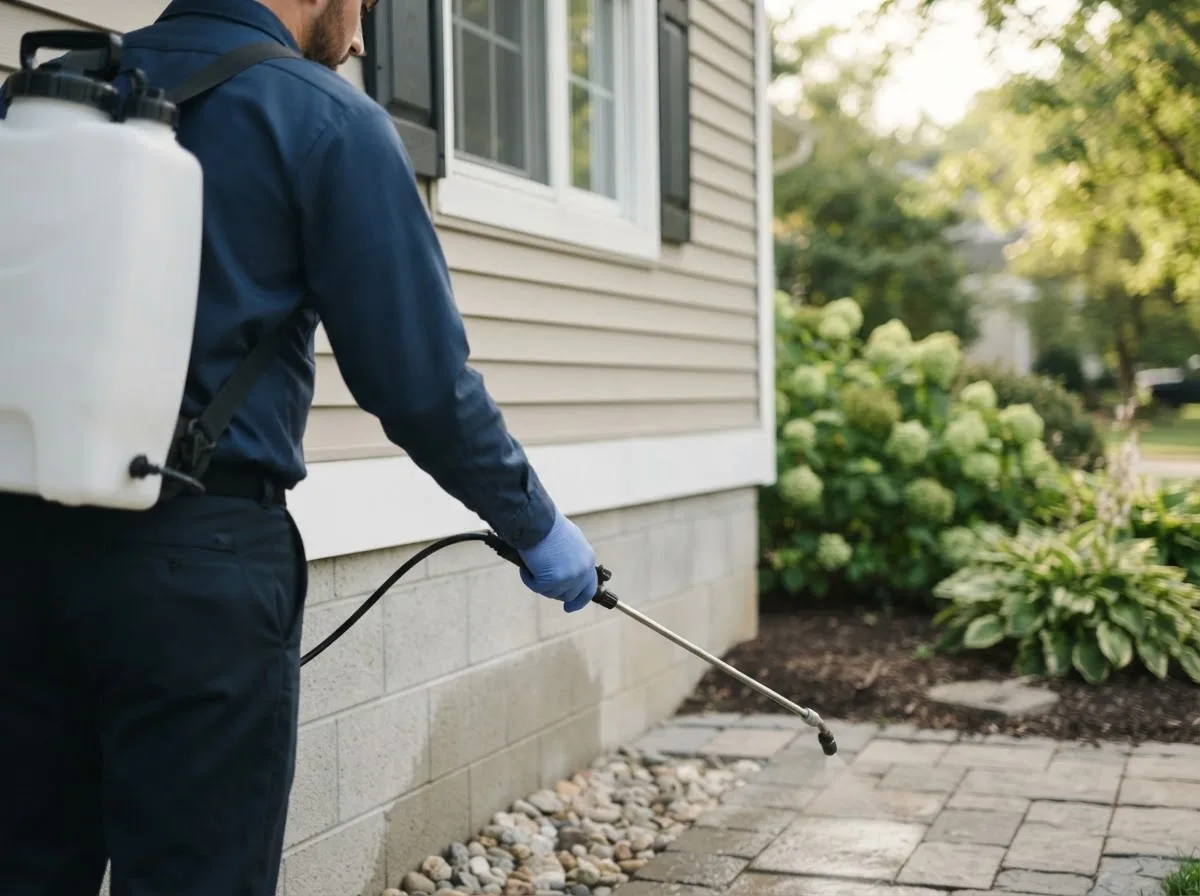 Pest control technician inspecting a home in Fowler, OH